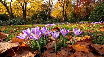Obraz premium Vibrant autumn landscape featuring purple crocuses and colorful foliage