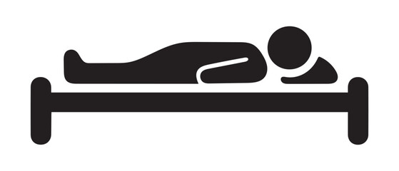 Simple black silhouette shows person resting horizontally on a bed against white background