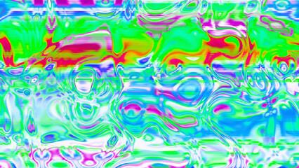 Abstract psychedelic glitch waves with neon colors, distorted digital fluid texture and VHS scanline effect