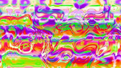 Abstract psychedelic glitch waves with neon colors, distorted digital fluid texture and VHS scanline effect
