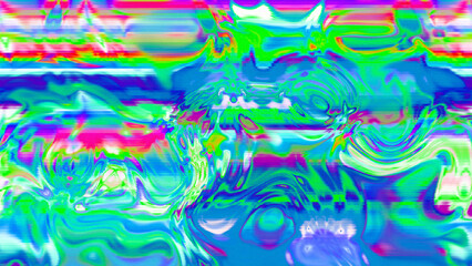 Abstract psychedelic glitch waves with neon colors, distorted digital fluid texture and VHS scanline effect