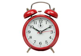 Red alarm clock PNG isolated on transparent background, vintage style timepiece for reminders and time management