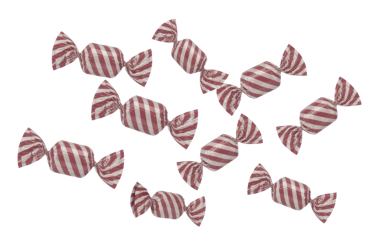 Multiple red and white striped candies on a transparent background, a sweet treat. background removed