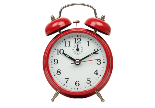 Red alarm clock PNG isolated on transparent background, vintage style timepiece for reminders and time management - Powered by Adobe