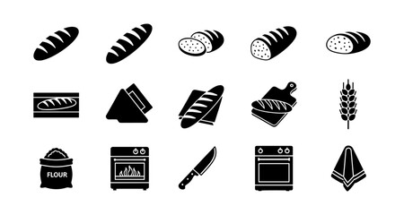 Silhouette bakery icons set: bread, oven, wheat, knife, flour, and more