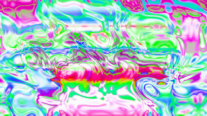 Abstract psychedelic glitch waves with neon colors, distorted digital fluid texture and VHS scanline effect