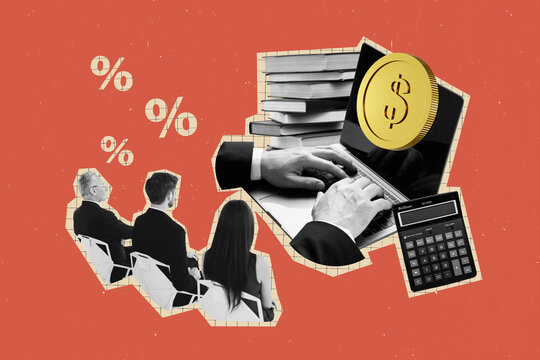 Trend artwork collage of coins investment market budget hand type laptop collaboration brainstorming marketing company office manager