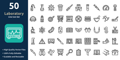 Laboratory icon set in Outline style. Minimilist and trendy Icon set. Containing Icons,Wash bottle,Volumetric flask,Virus,Trash,Thermometer,and so on.
