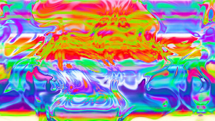 Abstract psychedelic glitch waves with neon colors, distorted digital fluid texture and VHS scanline effect