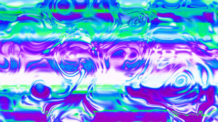 Abstract psychedelic glitch waves with neon colors, distorted digital fluid texture and VHS scanline effect
