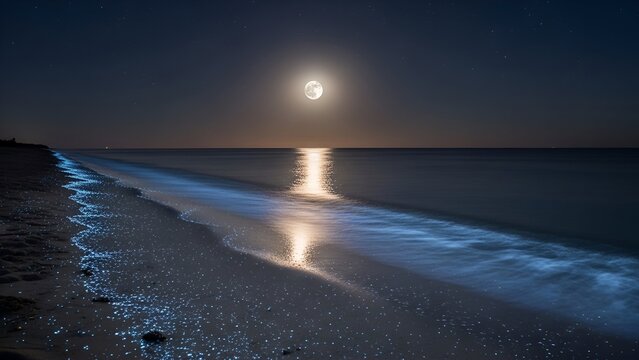 Bright Full Moon Over Calm Ocean Beach in Night Scene with Glowing Water and Starry Sky