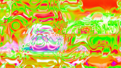 Abstract psychedelic glitch waves with neon colors, distorted digital fluid texture and VHS scanline effect