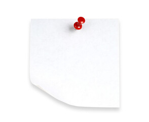 Blank sheet of paper for notes pinned by red pin, isolated on transparent background