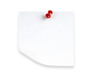 Blank sheet of paper for notes pinned by red pin, isolated on transparent background