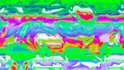 Abstract psychedelic glitch waves with neon colors, distorted digital fluid texture and VHS scanline effect