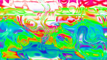 Abstract psychedelic glitch waves with neon colors, distorted digital fluid texture and VHS scanline effect