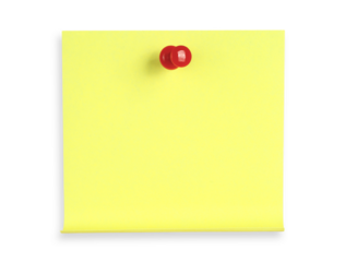 Blank sheet of paper for notes pinned by red pin, isolated on transparent background