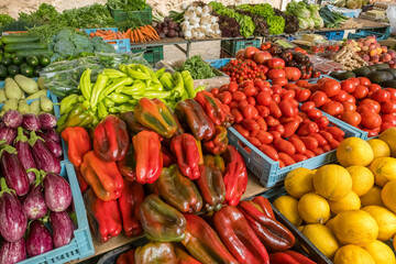 Fresh seasonal vegetables for sale at farmers market in Mallorca Spain