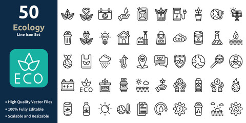 Ecology icon set in Outline style. Minimilist and trendy Icon set. Containing Icons,Leaf,Heart,Earth day,Save water,Eco fuel,Eco socket,and so on.