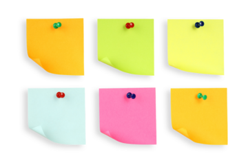 Collection of Blank Sheets of paper for notes pinned by pin, isolated on transparent background