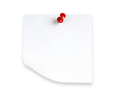Blank sheet of paper for notes pinned by red pin, isolated on transparent background