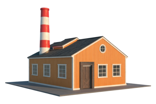 A 3D render of a small orange factory building with a red and white striped chimney. background removed