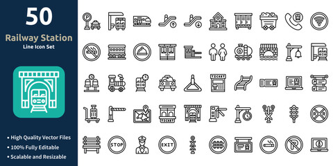 Railway Station icon set in Outline style. Minimilist and trendy Icon set. Containing Icons,Parking, Bus stop, Train, Escalator up, Escalator down, Railway station,and so on.