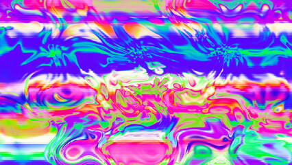 Abstract psychedelic glitch waves with neon colors, distorted digital fluid texture and VHS scanline effect