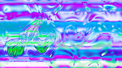 Abstract psychedelic glitch waves with neon colors, distorted digital fluid texture and VHS scanline effect