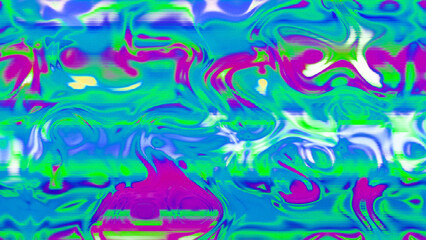Abstract psychedelic glitch waves with neon colors, distorted digital fluid texture and VHS scanline effect