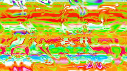 Abstract psychedelic glitch waves with neon colors, distorted digital fluid texture and VHS scanline effect