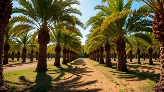 A long, straight pathway lined with numerous tall palm trees, casting long shadows on the sandy ground under a bright, sunny sky, evoking a tropical or desert oasis atmosphere