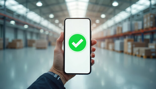 Person holds phone showing green checkmark symbol. Successful task completion confirmed on mobile device screen. Warehouse background with boxes on shelves.