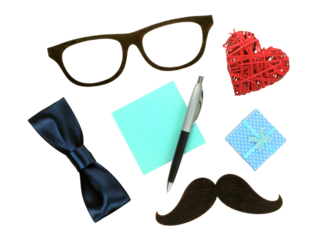 Mockup collection of hipster-themed accessories including mustache, glasses, bow tie, and other stylish items, isolated on a transparent background