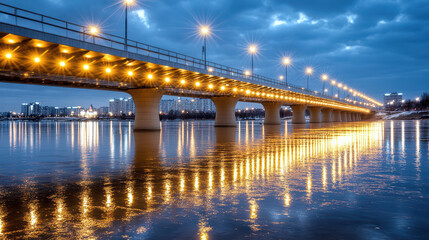 Golden lights illuminate bridge at night, reflecting beautifully on water surface