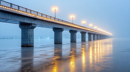 Mysterious bridge lights reflecting on water in foggy atmosphere create serene scene