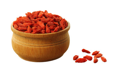 A wooden bowl filled with dried goji berries, isolated on a transparent background