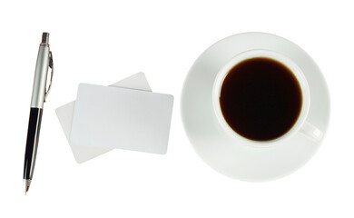 A small composition featuring a cup of coffee, blank white business cards, and a pen, isolated on a transparent background
