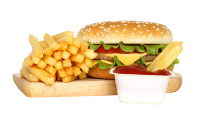 Composition featuring a burger, French fries, and ketchup arranged on a wooden kitchen board, isolated on a transparent background