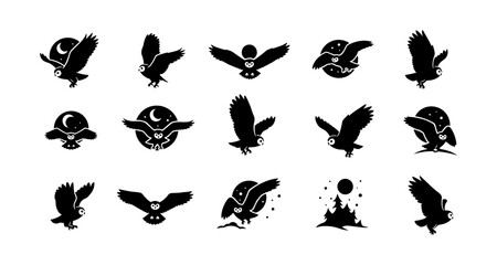Owl silhouette icons collection: nocturnal bird designs for nature art