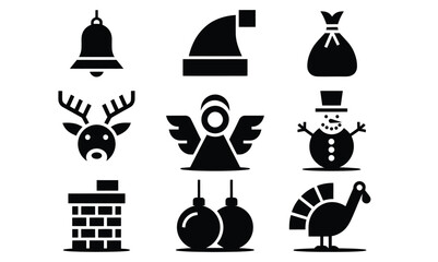 Set of nine black holiday silhouette icons: bell, Santa hat, gift sack, reindeer, angel, snowman, chimney, ornaments, and turkey