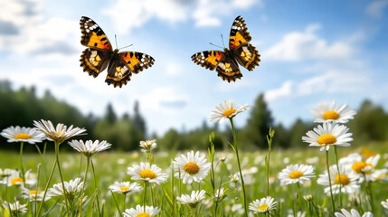 Butterflies flying above meadow flowers create joyful and natural scene