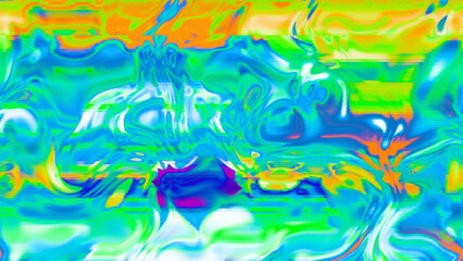 Abstract psychedelic glitch waves with neon colors, distorted digital fluid texture and VHS scanline effect