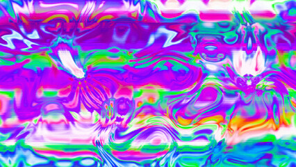 Abstract psychedelic glitch waves with neon colors, distorted digital fluid texture and VHS scanline effect