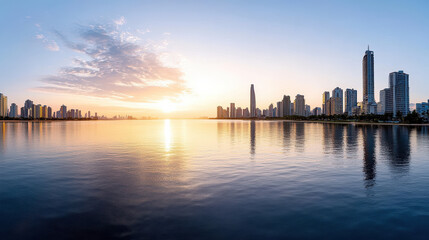 Fototapeta premium Stunning skyline at sunset reflecting on calm water, creating serene atmosphere