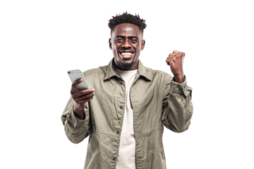Happy Young Man Wearing Casual Jacket Holding Smartphone Celebrating Victory