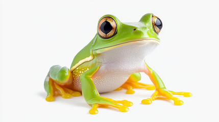 Fototapeta premium Green tree frog with bright yellow feet and large eyes sitting on white background, showing detailed skin texture and vibrant colors
