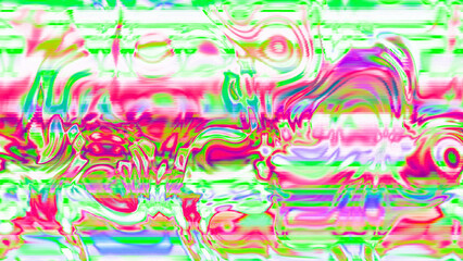 Abstract psychedelic glitch waves with neon colors, distorted digital fluid texture and VHS scanline effect