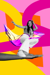 Vertical creative image banner collage of happy girl dance human palm gesture fan entertainment friday mood celebration mouth pomade