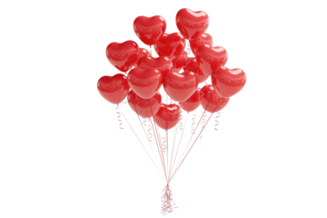 A bunch of red heart-shaped balloons tied together, floating against a transparent background. background removed
